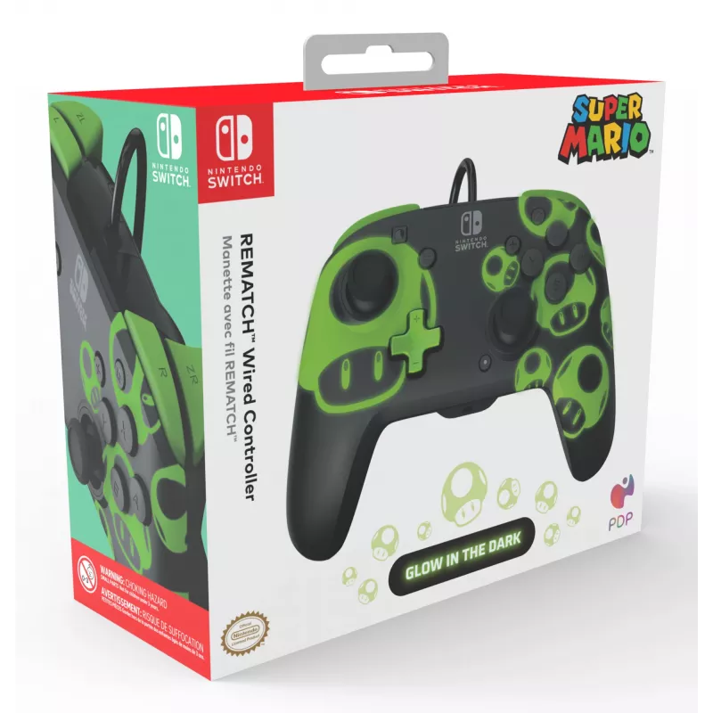 Gamepad PDP REMATCH Wired Controller 1-Up Glow in the Dark priekš Nintendo Switch, USB, 3m kabelis, D-pad, Home poga, melns/zaļš