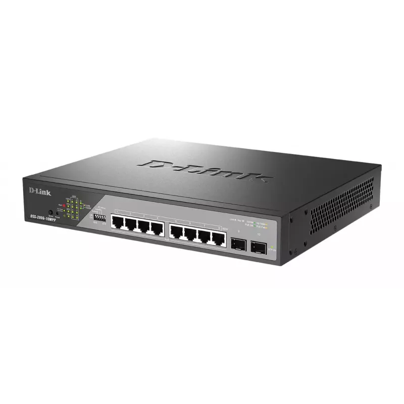 D-Link DSS-200G-10MPP tīkla slēdzis, pārvaldāms L2 Gigabit Ethernet (10/100/1000) Power over Ethernet (PoE) 1U, melns, pelēks
