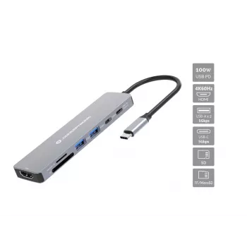 Conceptronic DONN28G 7-in-1 USB 3.2 Gen 1 dokstacija, 4K60Hz HDMI, USB-A 5Gbps x 2, USB-C 5Gbps, SD, TF/MicroSD, 100W USB PD
