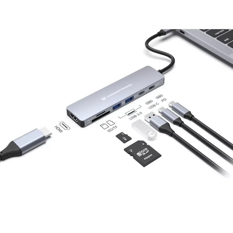 Conceptronic DONN28G 7-in-1 USB 3.2 Gen 1 dokstacija, 4K60Hz HDMI, USB-A 5Gbps x 2, USB-C 5Gbps, SD, TF/MicroSD, 100W USB PD