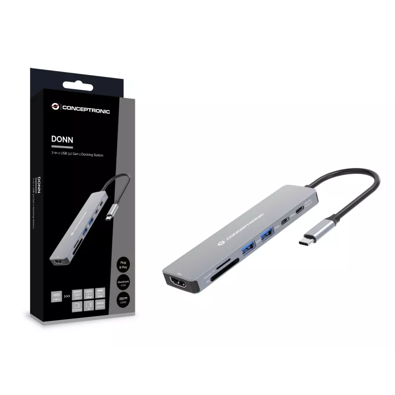 Conceptronic DONN28G 7-in-1 USB 3.2 Gen 1 dokstacija, 4K60Hz HDMI, USB-A 5Gbps x 2, USB-C 5Gbps, SD, TF/MicroSD, 100W USB PD