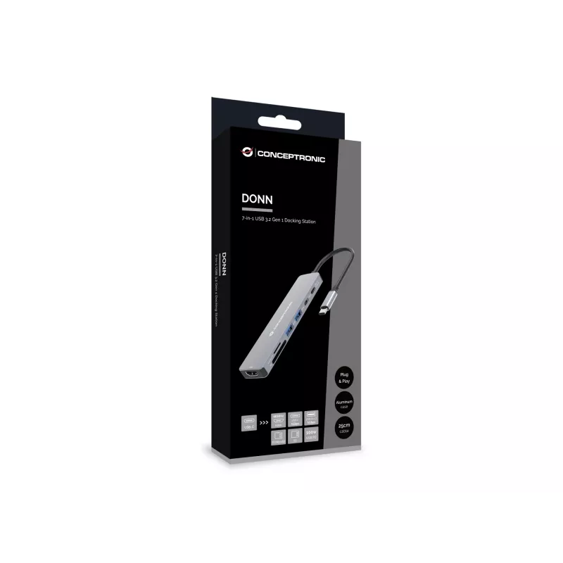 Conceptronic DONN28G 7-in-1 USB 3.2 Gen 1 dokstacija, 4K60Hz HDMI, USB-A 5Gbps x 2, USB-C 5Gbps, SD, TF/MicroSD, 100W USB PD