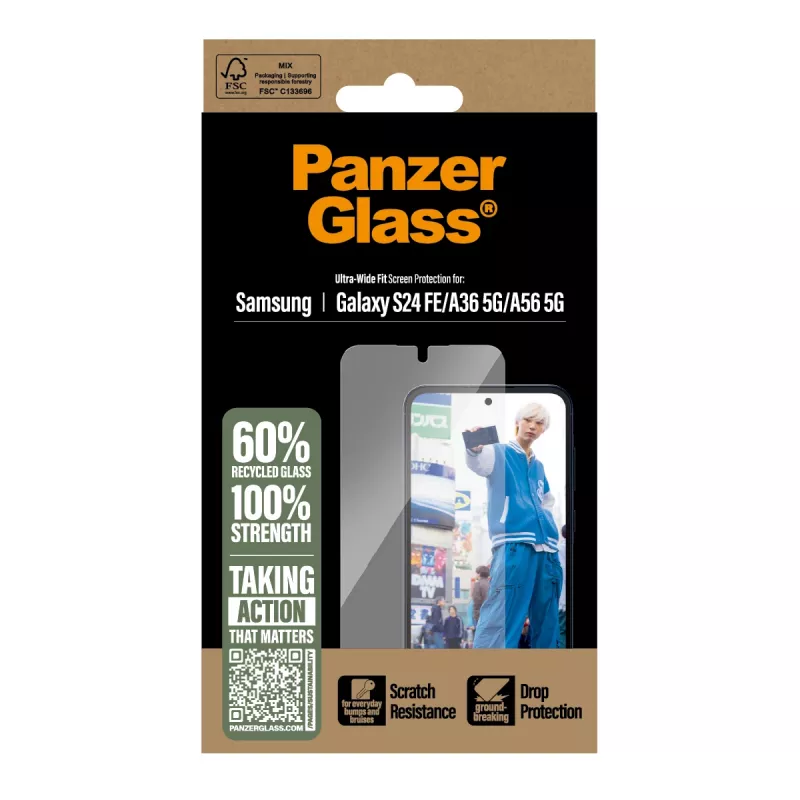 Rūdīta aizsargstikla plēve PanzerGlass Samsung Galaxy S24 FE / A36 / A56 — pilnīgs pārklājums, aizsardzība pret skrāpējumiem un triecieniem
