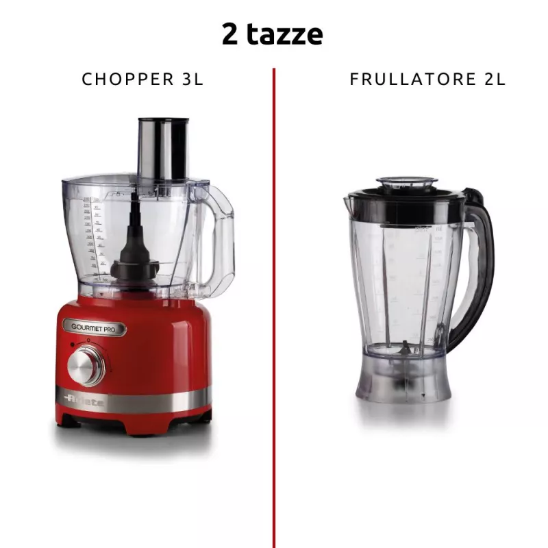 Ariete 1782 Gourmet Pro Moderna, virtuves kombains, 3L daudzfunkcionāla bļoda, 2L blenderis, 2 ātrumi + Pulse, asmeņu komplekts + nerūsējošā tērauda disks, sulu spiedes piederums, sarkans
