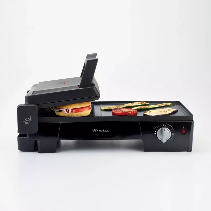 Ariete 1916 Multi Grill 3 in 1 - Elektriskais grils, bārbekjū, gluda un rievota plāksne - 180° atvērums - Regulējams termostats - 2400 W - Melns