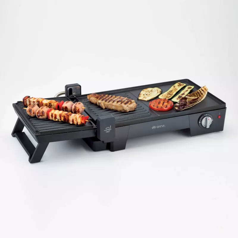 Ariete 1916 Multi Grill 3 in 1 - Elektriskais grils, bārbekjū, gluda un rievota plāksne - 180° atvērums - Regulējams termostats - 2400 W - Melns