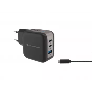 Conceptronic 3 portu 67 W GaN USB PD lādētājs ar USB-C uzlādes kabeli, USB-C x 2, USB-A x 1, QC 3.0, PPS
