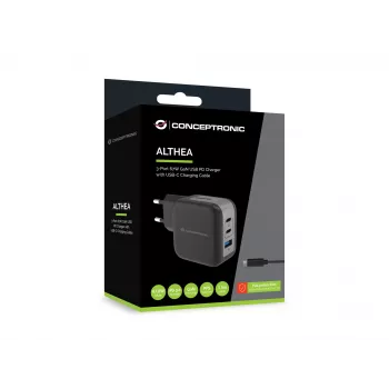 Conceptronic 3 portu 67 W GaN USB PD lādētājs ar USB-C uzlādes kabeli, USB-C x 2, USB-A x 1, QC 3.0, PPS