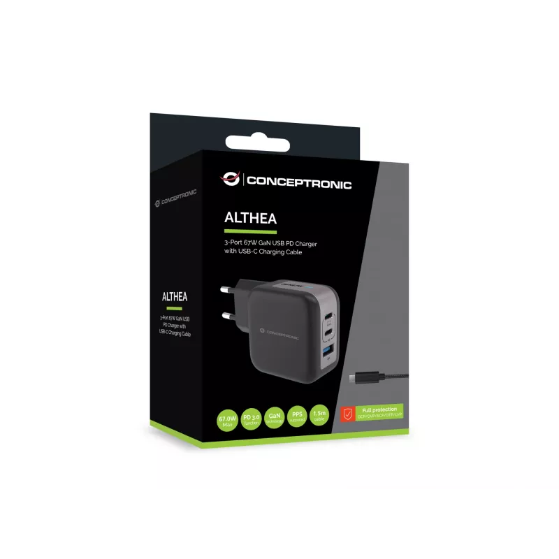 Conceptronic 3 portu 67 W GaN USB PD lādētājs ar USB-C uzlādes kabeli, USB-C x 2, USB-A x 1, QC 3.0, PPS