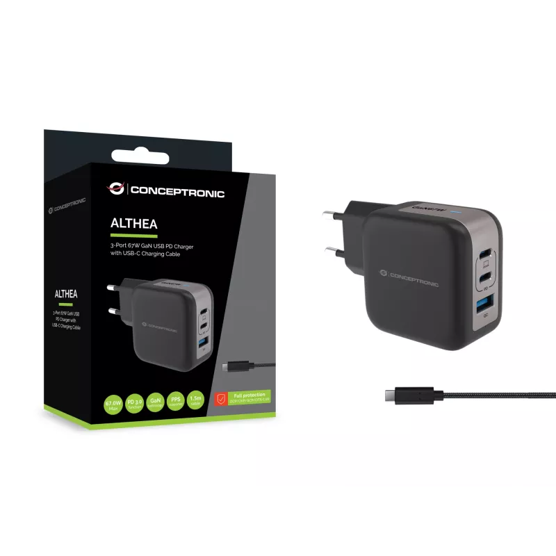 Conceptronic 3 portu 67 W GaN USB PD lādētājs ar USB-C uzlādes kabeli, USB-C x 2, USB-A x 1, QC 3.0, PPS