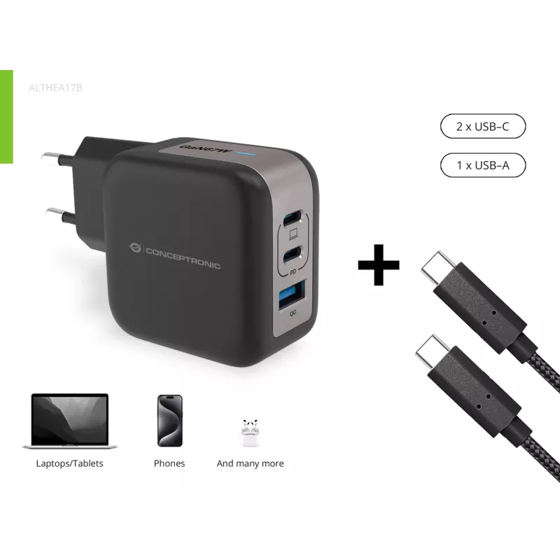 Conceptronic 3 portu 67 W GaN USB PD lādētājs ar USB-C uzlādes kabeli, USB-C x 2, USB-A x 1, QC 3.0, PPS