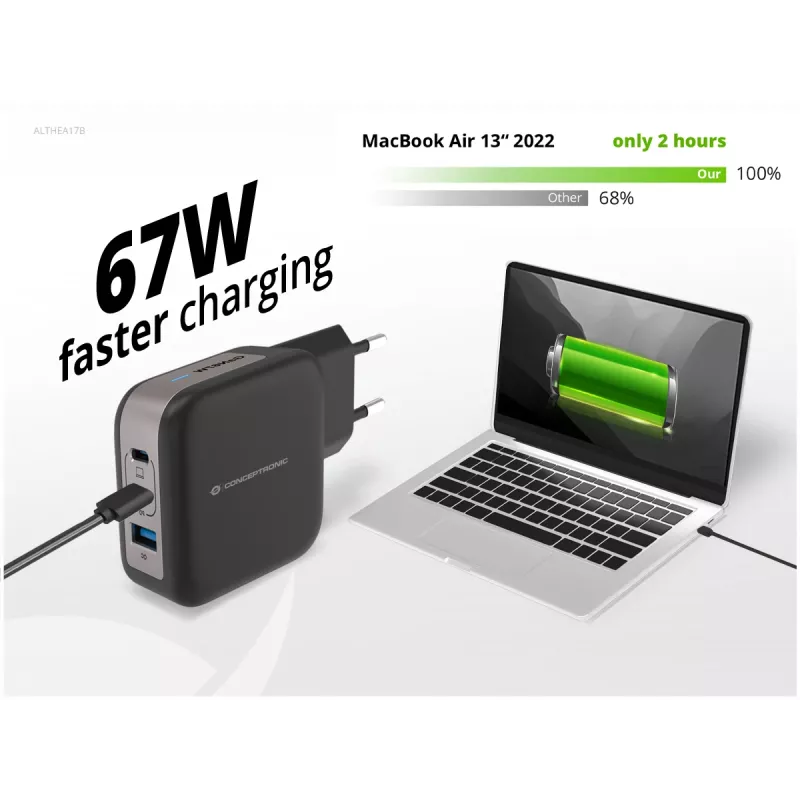 Conceptronic 3 portu 67 W GaN USB PD lādētājs ar USB-C uzlādes kabeli, USB-C x 2, USB-A x 1, QC 3.0, PPS