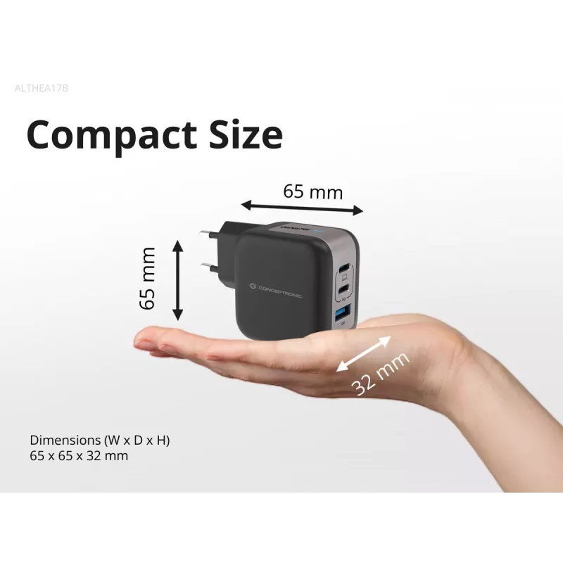Conceptronic 3 portu 67 W GaN USB PD lādētājs ar USB-C uzlādes kabeli, USB-C x 2, USB-A x 1, QC 3.0, PPS