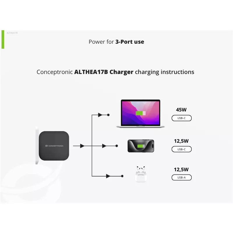 Conceptronic 3 portu 67 W GaN USB PD lādētājs ar USB-C uzlādes kabeli, USB-C x 2, USB-A x 1, QC 3.0, PPS