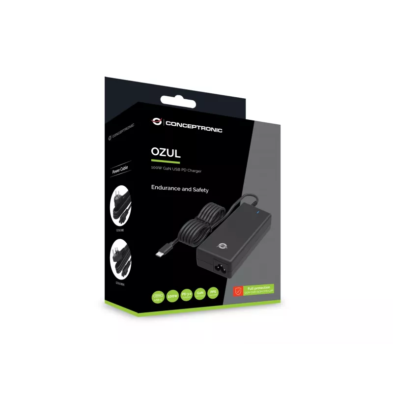 Conceptronic OZUL03BE 100W GaN galddatora USB PD lādētājs, universāls, iekštelpām, 100–240 V, 50–60 Hz, 100 W, 5–20 V