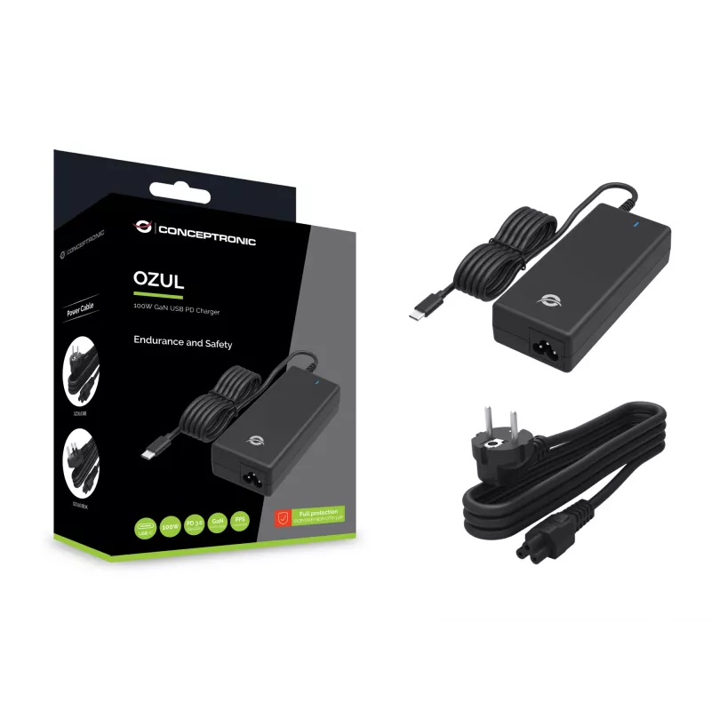 Conceptronic OZUL03BE 100W GaN galddatora USB PD lādētājs, universāls, iekštelpām, 100–240 V, 50–60 Hz, 100 W, 5–20 V