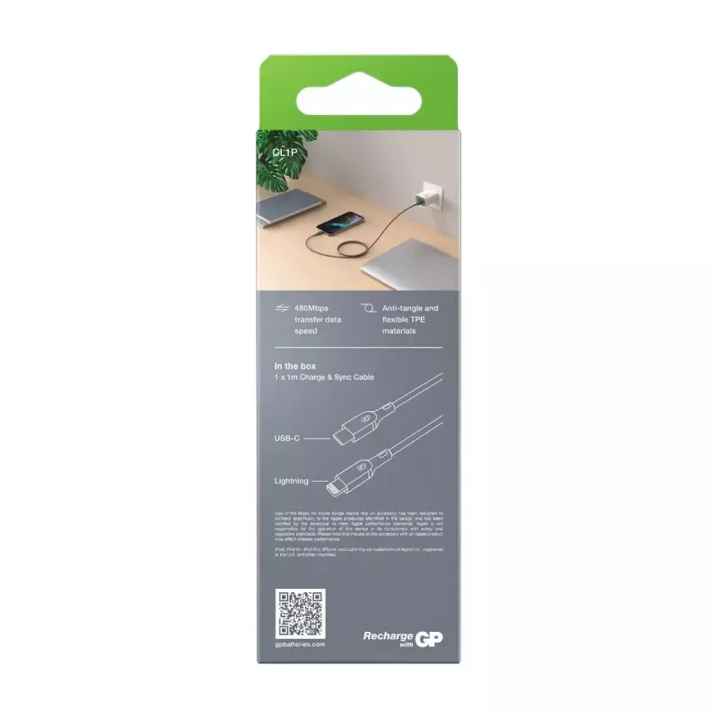GP baterijas CL1P kabelis 1m pelēks Lightning USB C