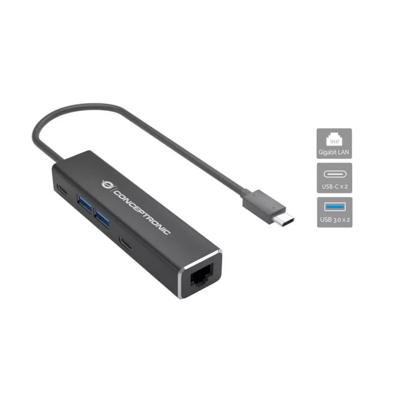 Conceptronic ABBY13B Gigabit Ethernet USB 3.2 Gen 1 Adapteris ar USB centrmezglu, GbE, USB-A x 2, USB-C x 2