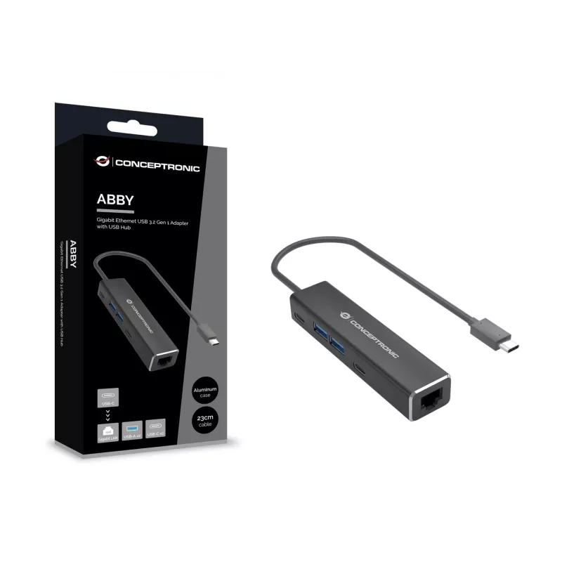 Conceptronic ABBY13B Gigabit Ethernet USB 3.2 Gen 1 Adapteris ar USB centrmezglu, GbE, USB-A x 2, USB-C x 2