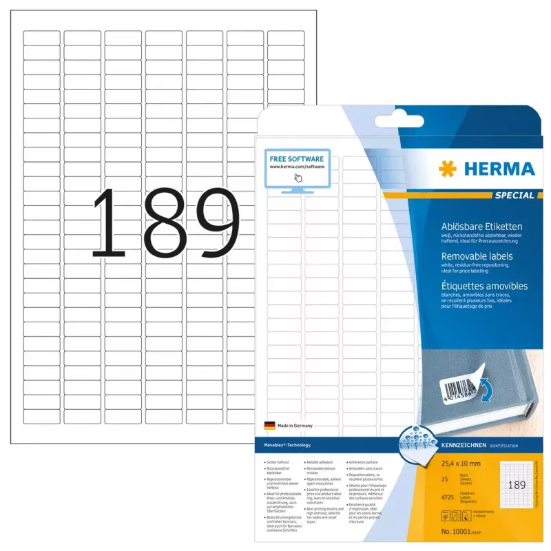 Pašlīmējošās printera etiķetes HERMA Noņemamās etiķetes A4 25.4x10 mm