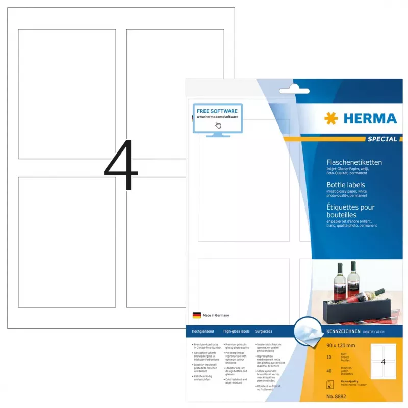 Pašlīmējošās printeru etiķetes HERMA Pudeļu etiķetes A4 tintes printeriem 90x120 mm