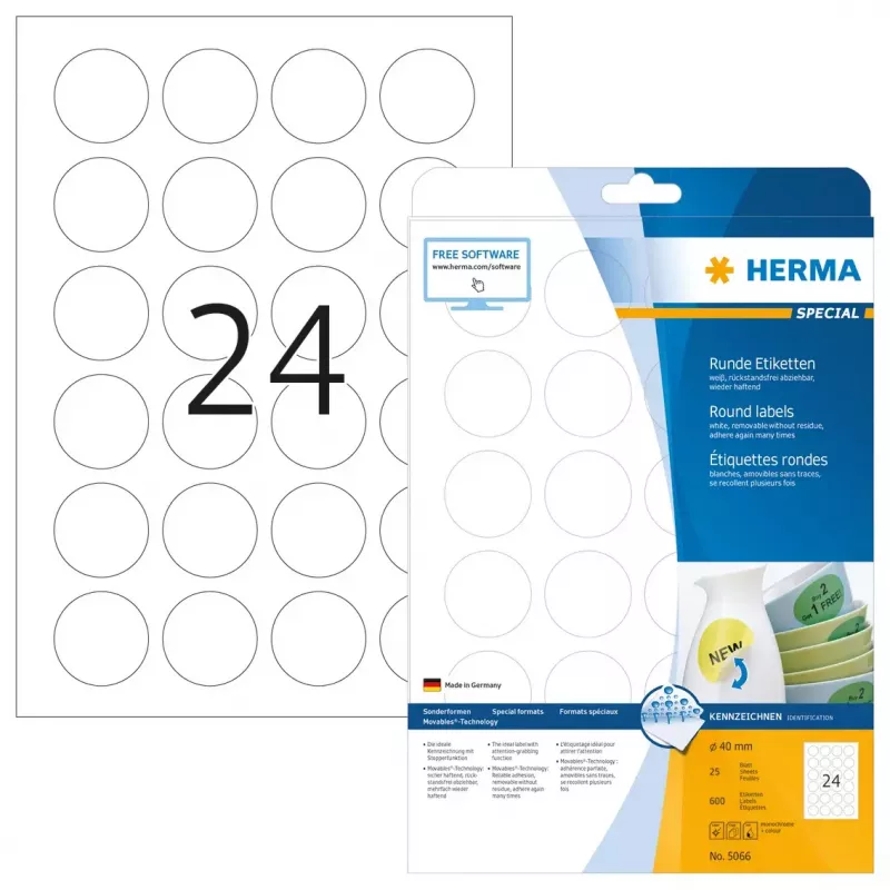 Noņemamās uzlīmes HERMA 5066 A4 Ø 40 mm apaļas baltas