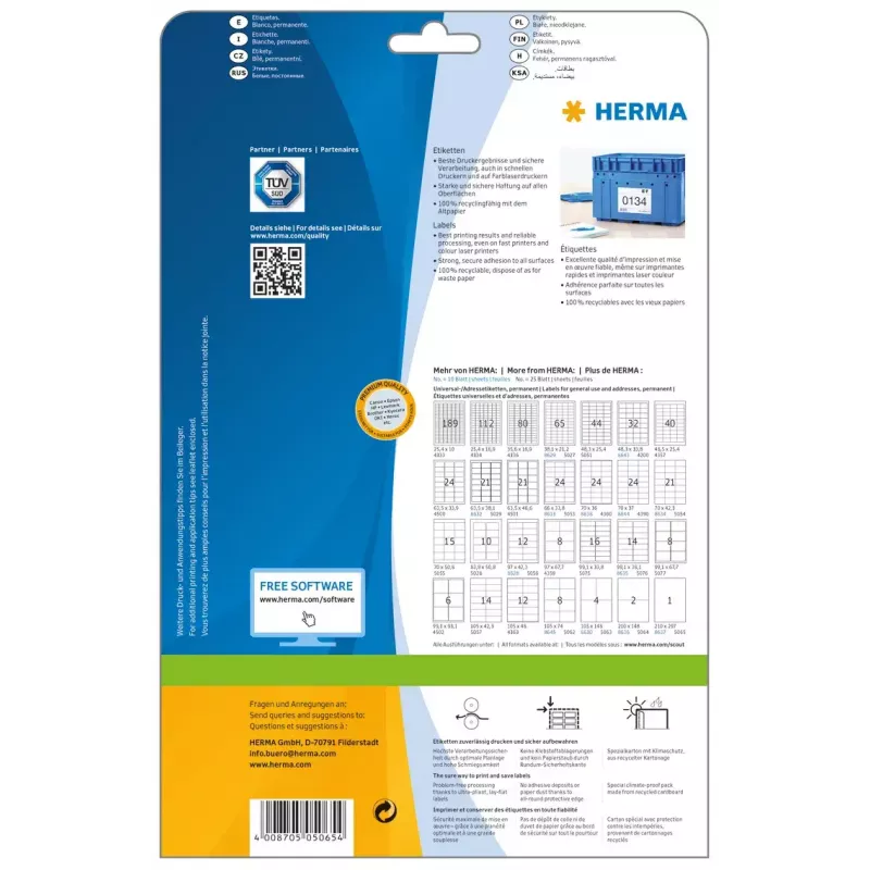 Pašlīmējošā printera etiķete HERMA Labels Premium A4 210x297 mm