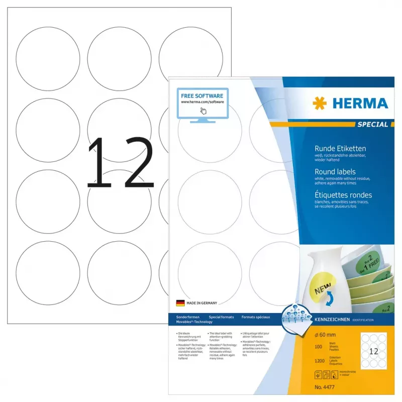 Pašlīmējošā printera etiķete HERMA Noņemamas etiķetes A4 Ø 60 mm