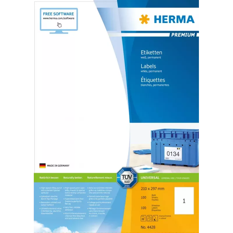 Pašlīmējošā printera etiķete HERMA Labels Premium A4 210x297 mm