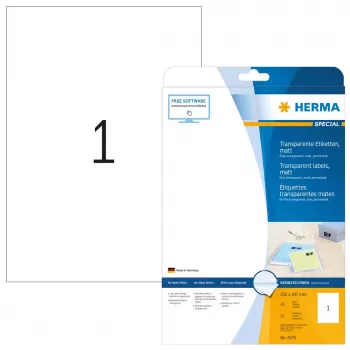 Pašlīmējošā printera etiķete HERMA Labels caurspīdīga matēta A4 210x297 mm plēve