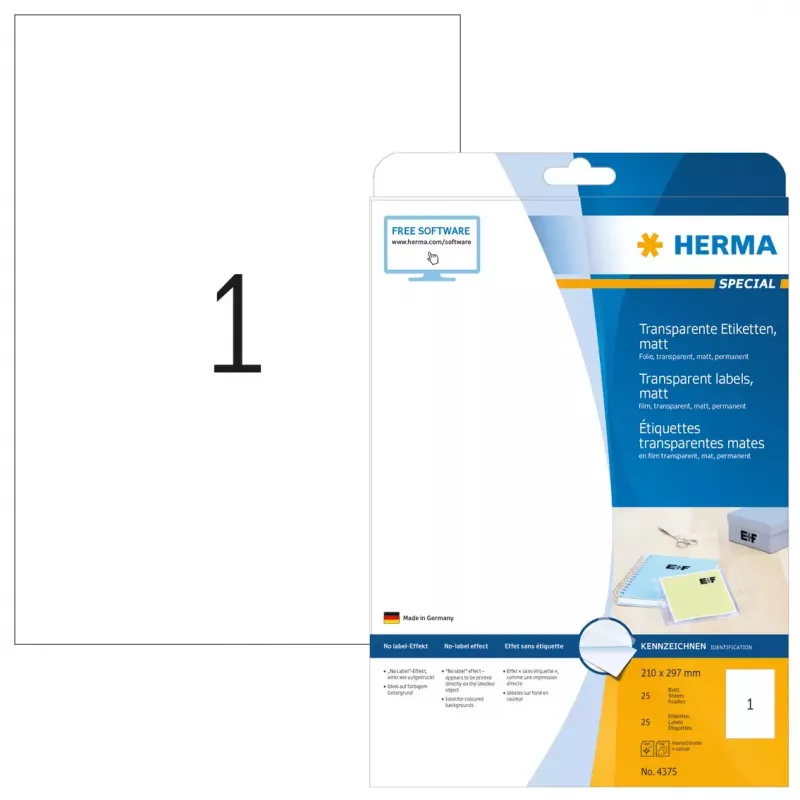 Pašlīmējošā printera etiķete HERMA Labels caurspīdīga matēta A4 210x297 mm plēve