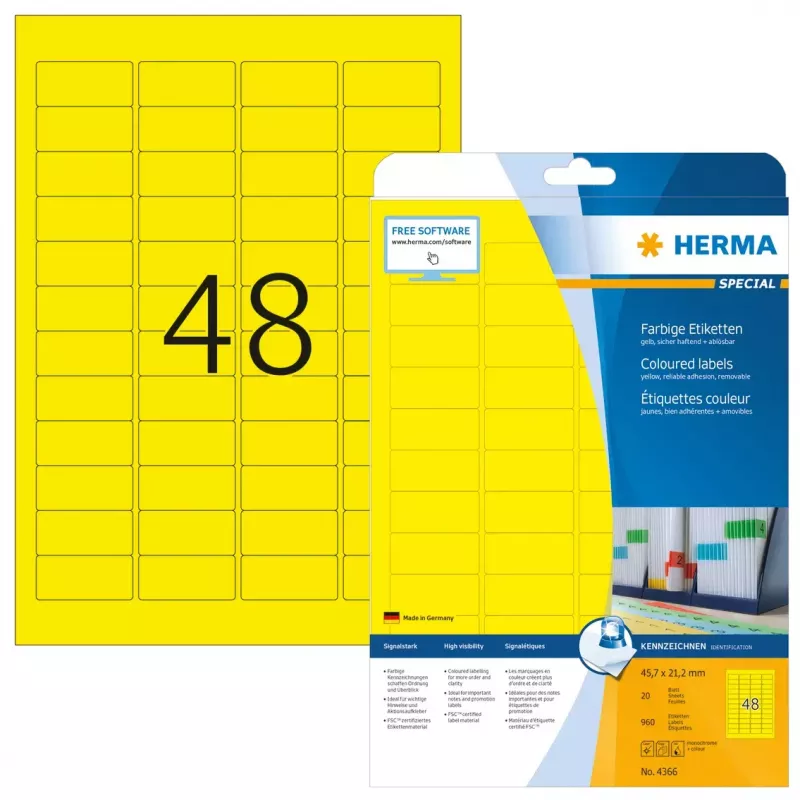 Pašlīmējoša printera etiķete HERMA Krāsainās etiķetes A4 45,7x21,2 mm dzeltena