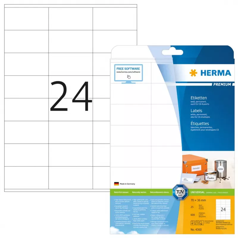 Pašlīmējoša printera etiķete HERMA Labels Premium A4 70x36 mm