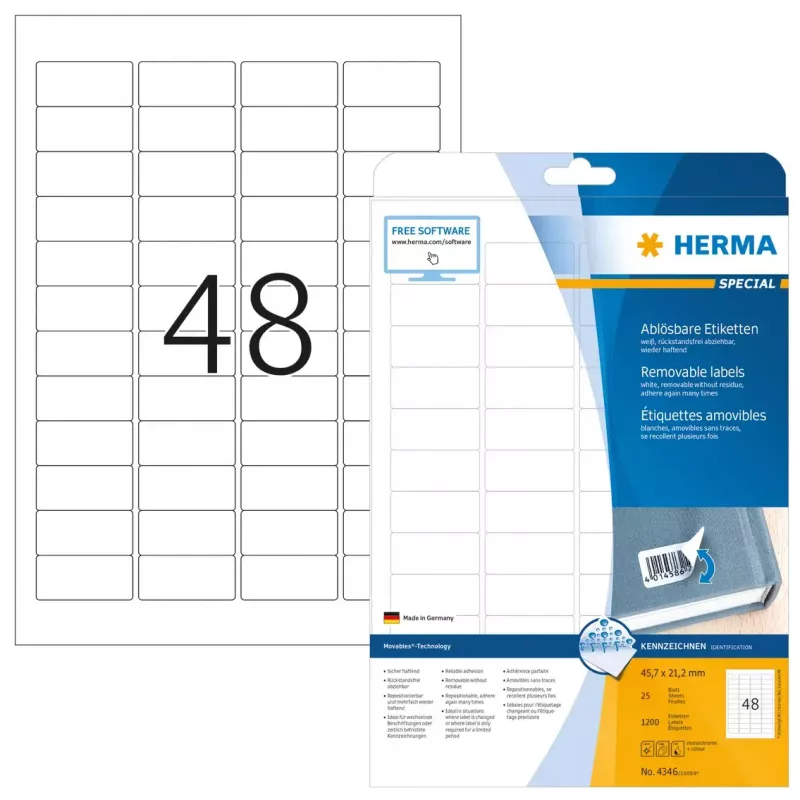 Pašlīmējošā printera etiķete HERMA noņemamās etiķetes A4 45.7x21.2 mm