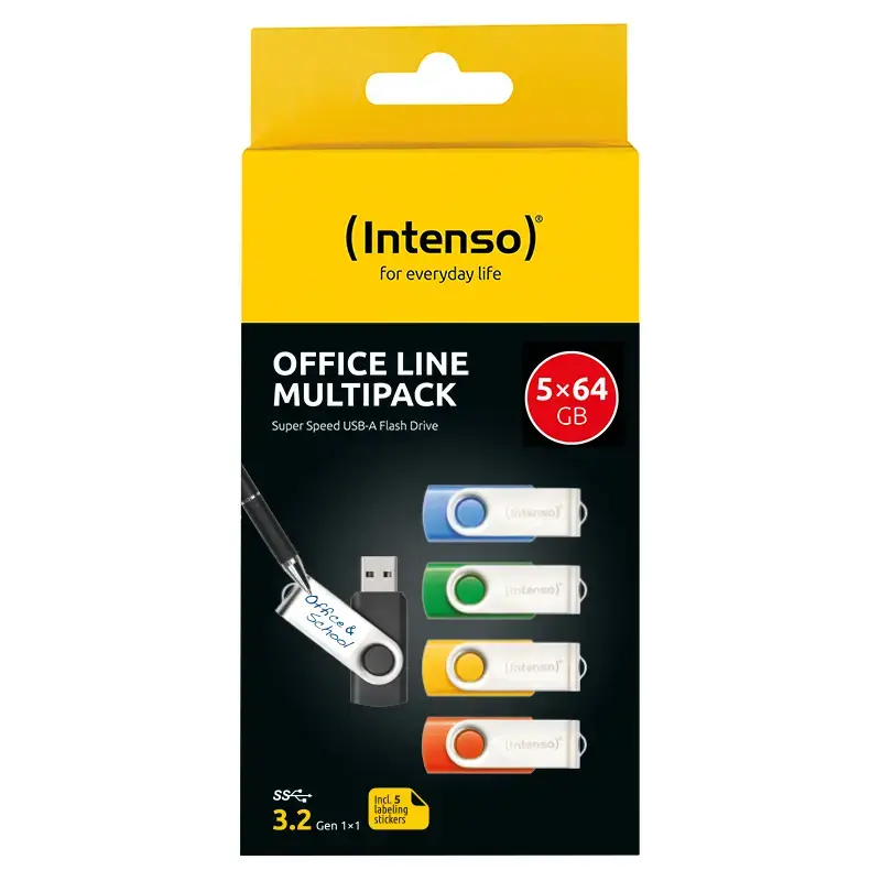 INTENSO Office Line USB zibatmiņas daudzpaka 5×64 GB, USB-A, USB 3.2 Gen 1, grozāmais, daudzkrāsains