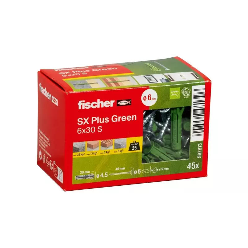 Skrūvju un sienas dībeļu komplekts Fischer 567813 45 gab. Zaļa