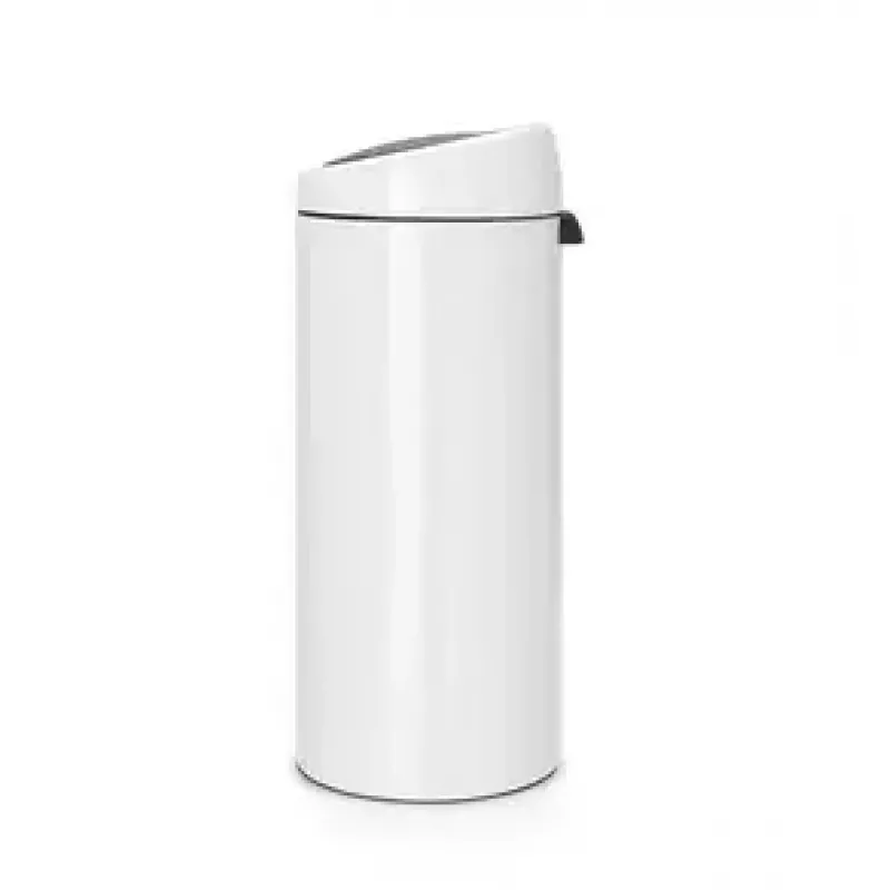 Brabantia Touch Bin 30L apaļa plastmasas tvertne ar nerūsējošā tērauda elementiem, balta