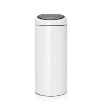 Brabantia Touch Bin 30L apaļa plastmasas tvertne ar nerūsējošā tērauda elementiem, balta