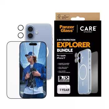 PanzerGlass CARE 3-in-1 Flagship Explorer komplekts iPhone 17 — izturīgs pret skrāpējumiem un triecieniem