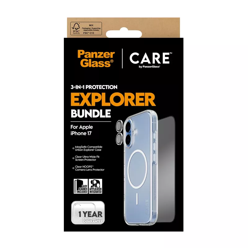 PanzerGlass CARE 3-in-1 Flagship Explorer komplekts iPhone 17 — izturīgs pret skrāpējumiem un triecieniem