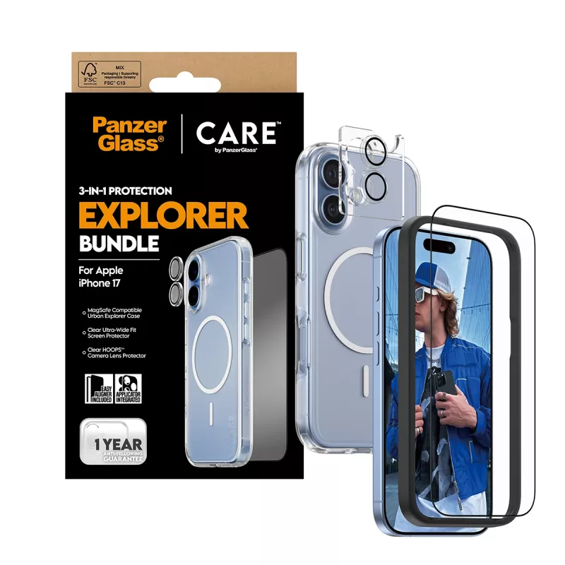PanzerGlass CARE 3-in-1 Flagship Explorer komplekts iPhone 17 — izturīgs pret skrāpējumiem un triecieniem