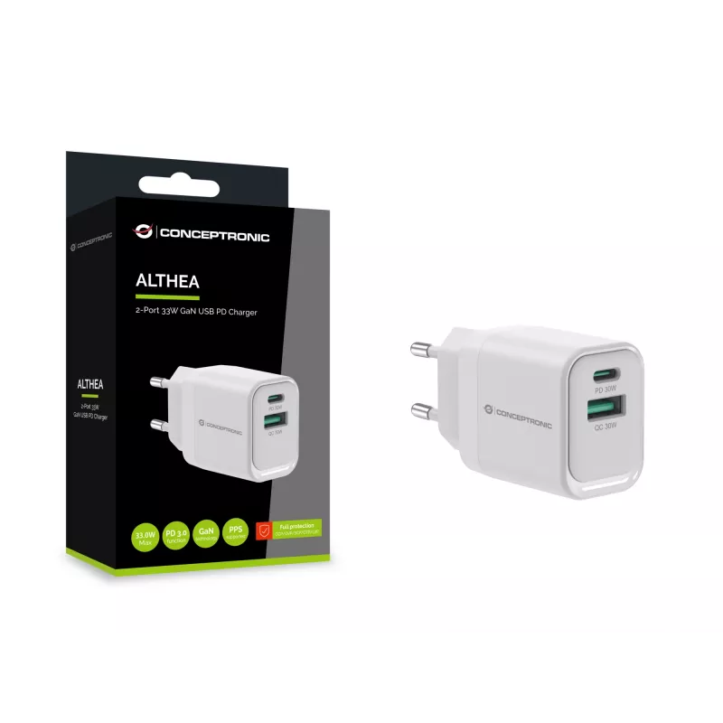 Conceptronic ALTHEA19W33 2-portu 33W GaN USB PD lādētājs, USB-C x 1, USB-A x 1, QC 3.0, PPS, PD 3.0