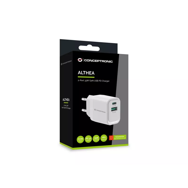Conceptronic ALTHEA19W33 2-portu 33W GaN USB PD lādētājs, USB-C x 1, USB-A x 1, QC 3.0, PPS, PD 3.0