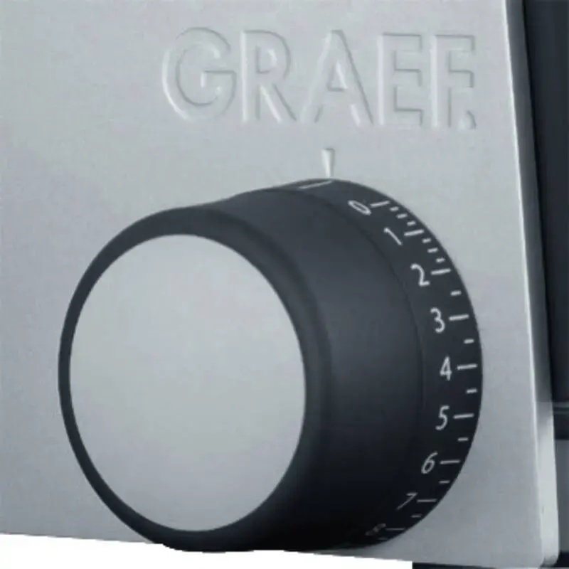 Elektriskais griezējs Graef G55 170 W, maksimālais šķēles biezums 20 mm, pelēks metāls, 230 V, izmēri 230×325×240 mm