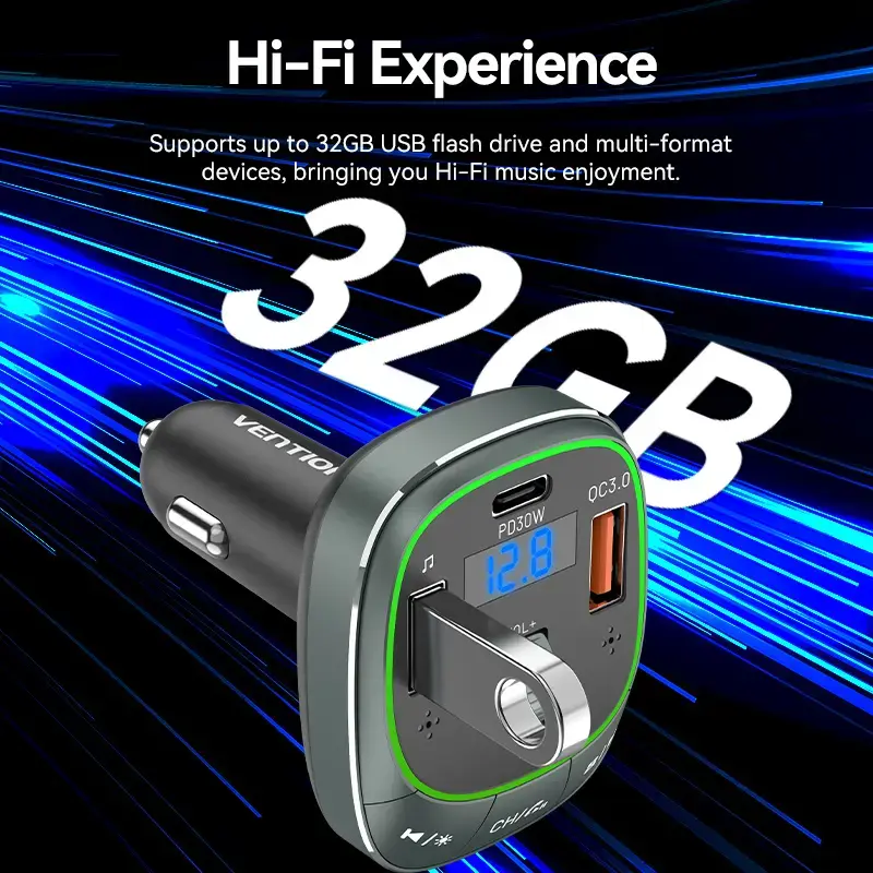 Auto lādētājs Vention 3 portu USB (USB-C + 2× USB-A) 30W/18W/5W melns
