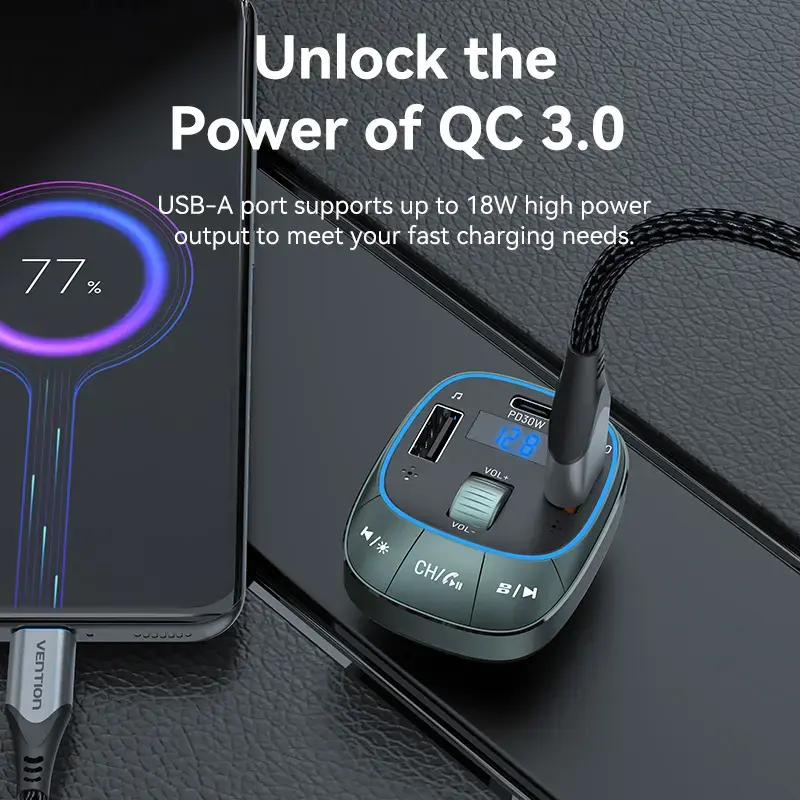 Auto lādētājs Vention 3 portu USB (USB-C + 2× USB-A) 30W/18W/5W melns