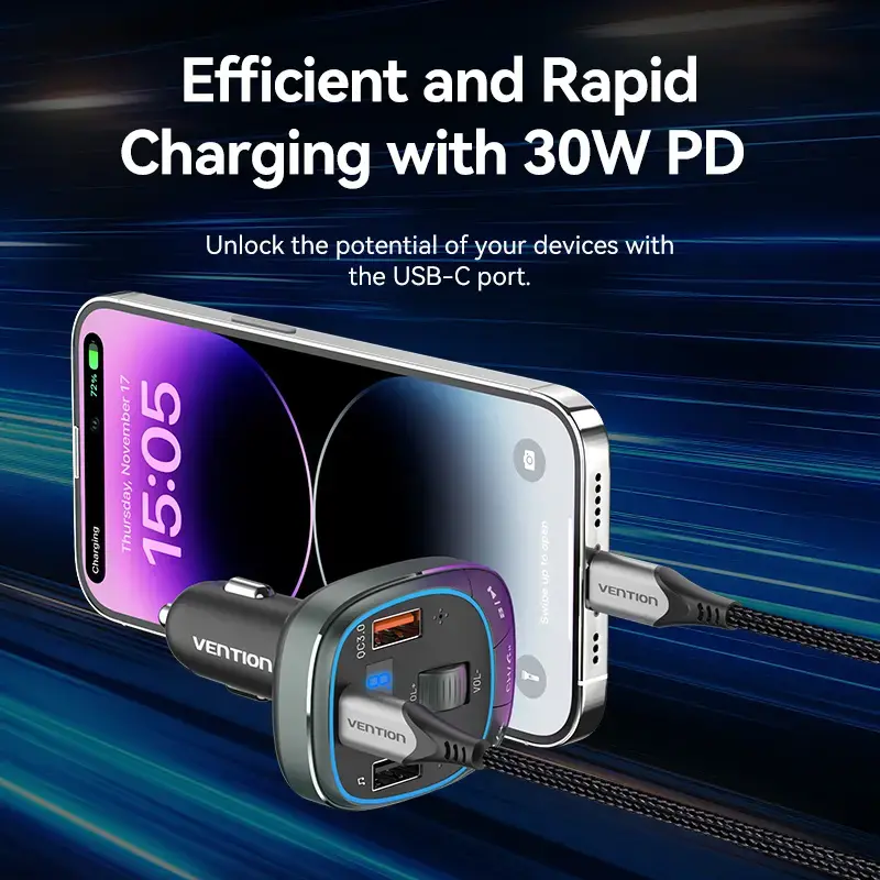 Auto lādētājs Vention 3 portu USB (USB-C + 2× USB-A) 30W/18W/5W melns