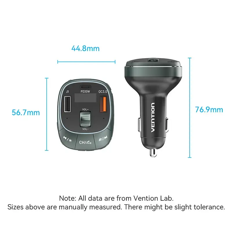 Auto lādētājs Vention 3 portu USB (USB-C + 2× USB-A) 30W/18W/5W melns