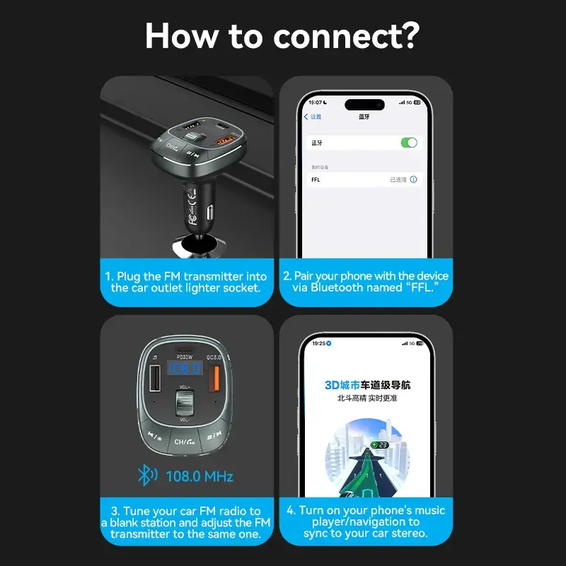Auto lādētājs Vention 3 portu USB (USB-C + 2× USB-A) 30W/18W/5W melns
