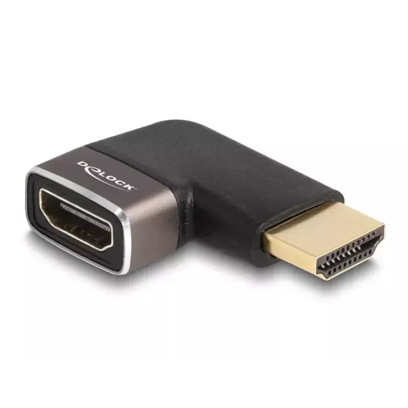 DELOCK HDMI adapteris, vīrišķais pret sievišķo, 90° kreisi leņķots, 8K 60 Hz, pelēks metāls